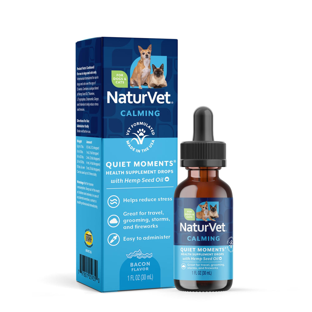 Gotas NaturVet Quiet Moments en bote para perros y gatos fomentando calma suave.