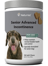 NaturVet Senior, vista frontal de la botella, posible apoyo al control de la orina en perros.