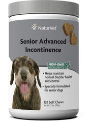NaturVet Senior, vista frontal de la botella, posible apoyo al control de la orina en perros.