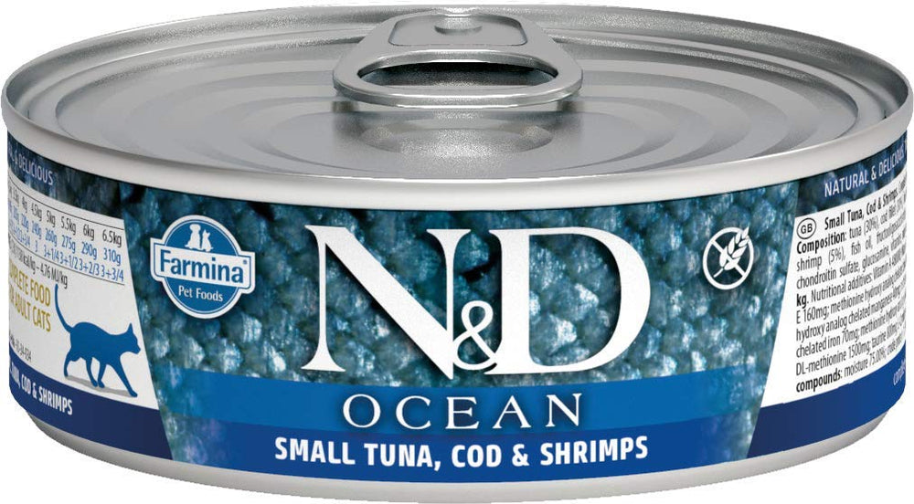 N&D Ocean Cat lata de 80 g con atún, bacalao y camarones para alimentación diaria.