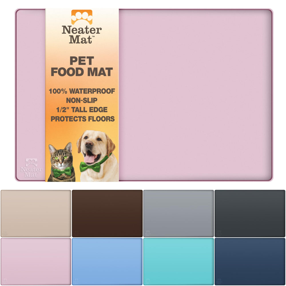 Neater Mat para alimento y agua en color rosado protege el suelo de derrames.