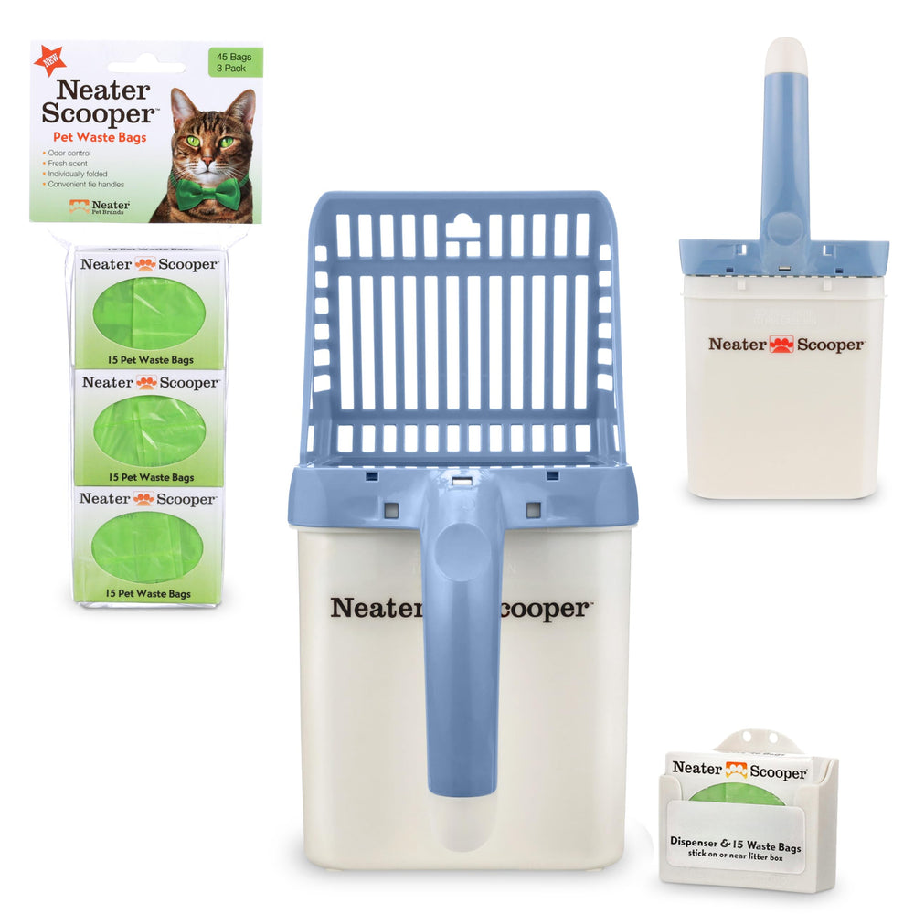 Neater Scooper muestra el diseño estándar con bolsa incluida para limpieza sin derrames y polvo.