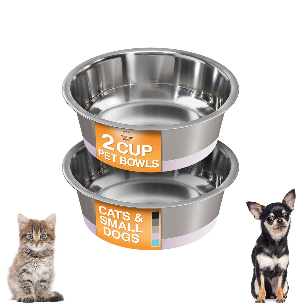 Platos rosados de Neater Pet Brands en acero inoxidable para mascotas pequeñas.