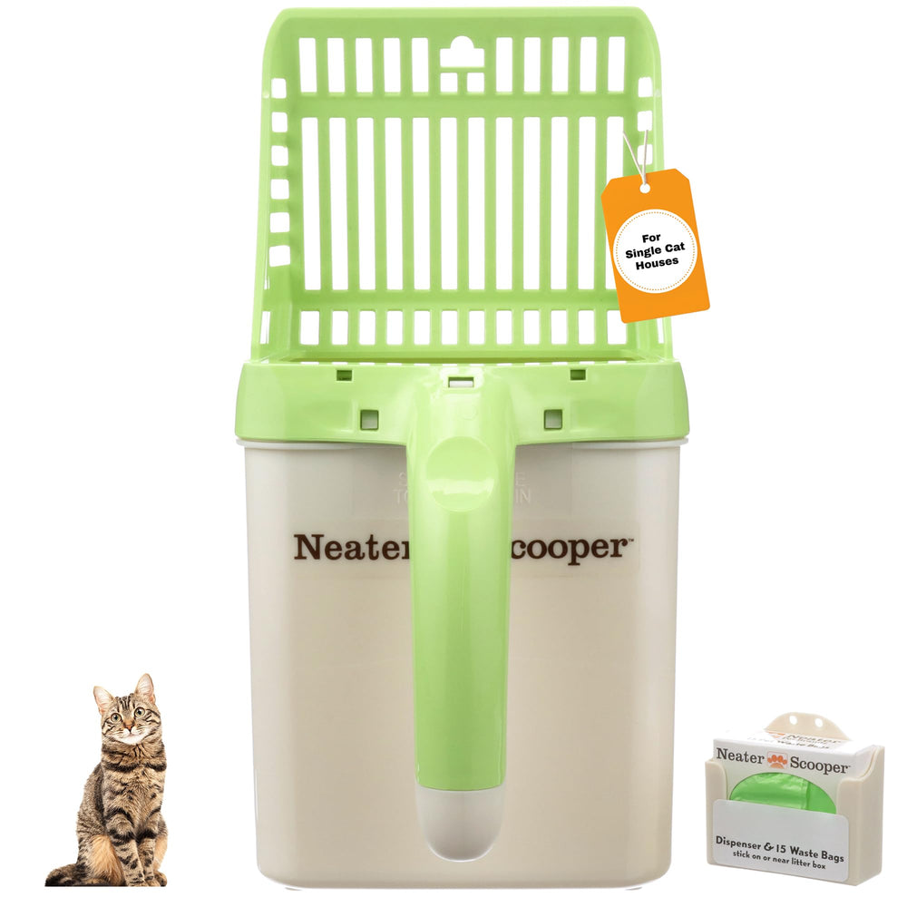 Neater Scooper: cazo para arena de gato depositando desechos en bolsa, reduciendo polvo.