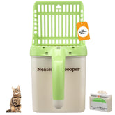 Neater Scooper: cazo para arena de gato depositando desechos en bolsa, reduciendo polvo.