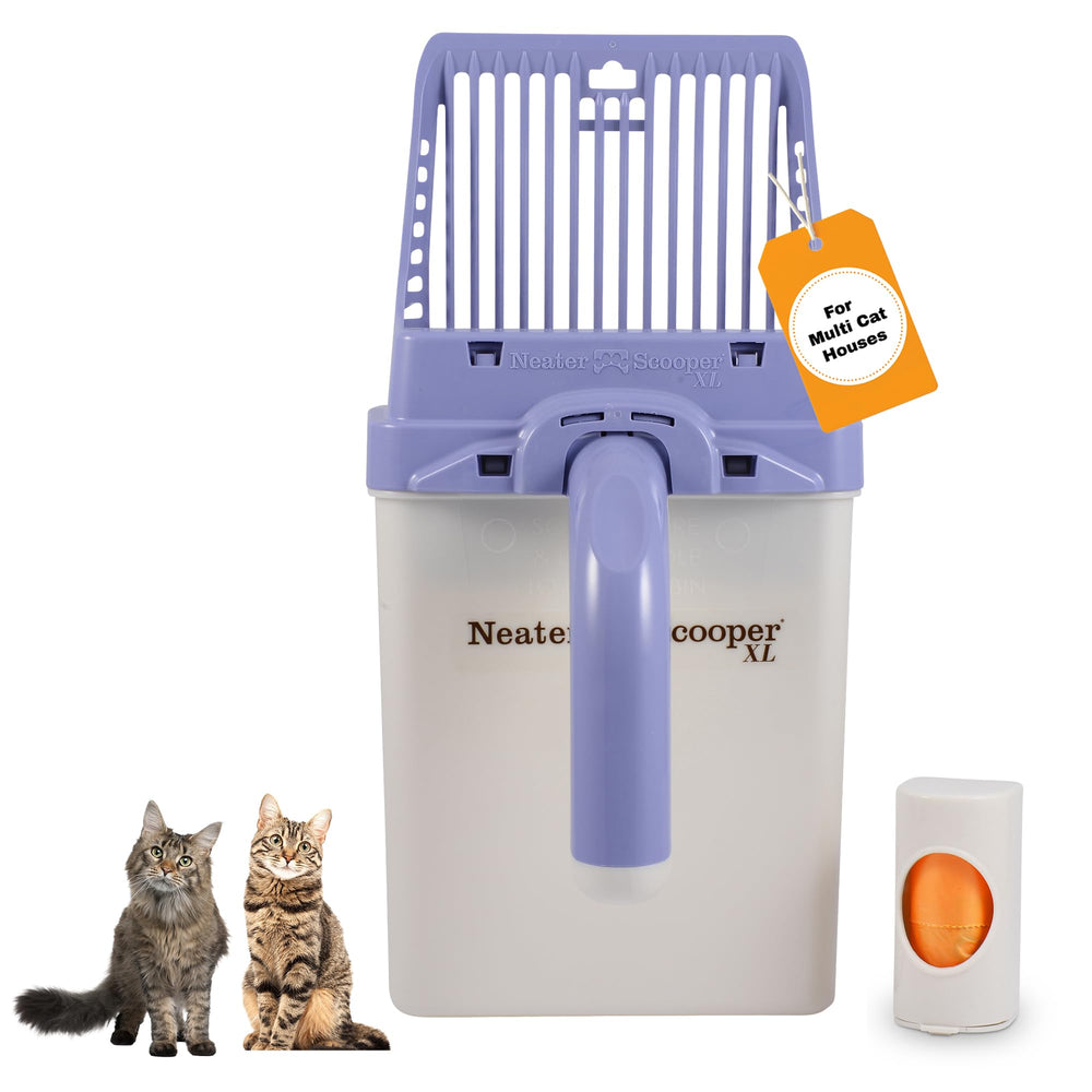 Neater Scooper XL con bolsa de relleno lavanda para manejo limpio y sin polvo.