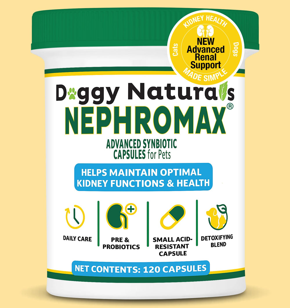 NEPHROMAX cápsulas simbióticas en botella para soporte renal en mascotas.