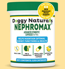 NEPHROMAX cápsulas simbióticas en botella para soporte renal en mascotas.