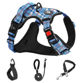 Arnés NESTROAD sin tirón para perros, color azul a cuadros, ajustable y cómodo.