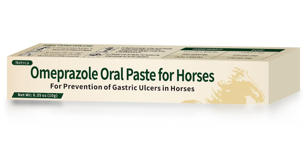 Netrca Omeprazol pasta oral para caballos, envase visible, ayuda a mantener la salud gástrica.