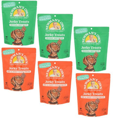 Newman's Own tiras de carne res y patata dulce en bolsa abierta, snack sabroso para perros.