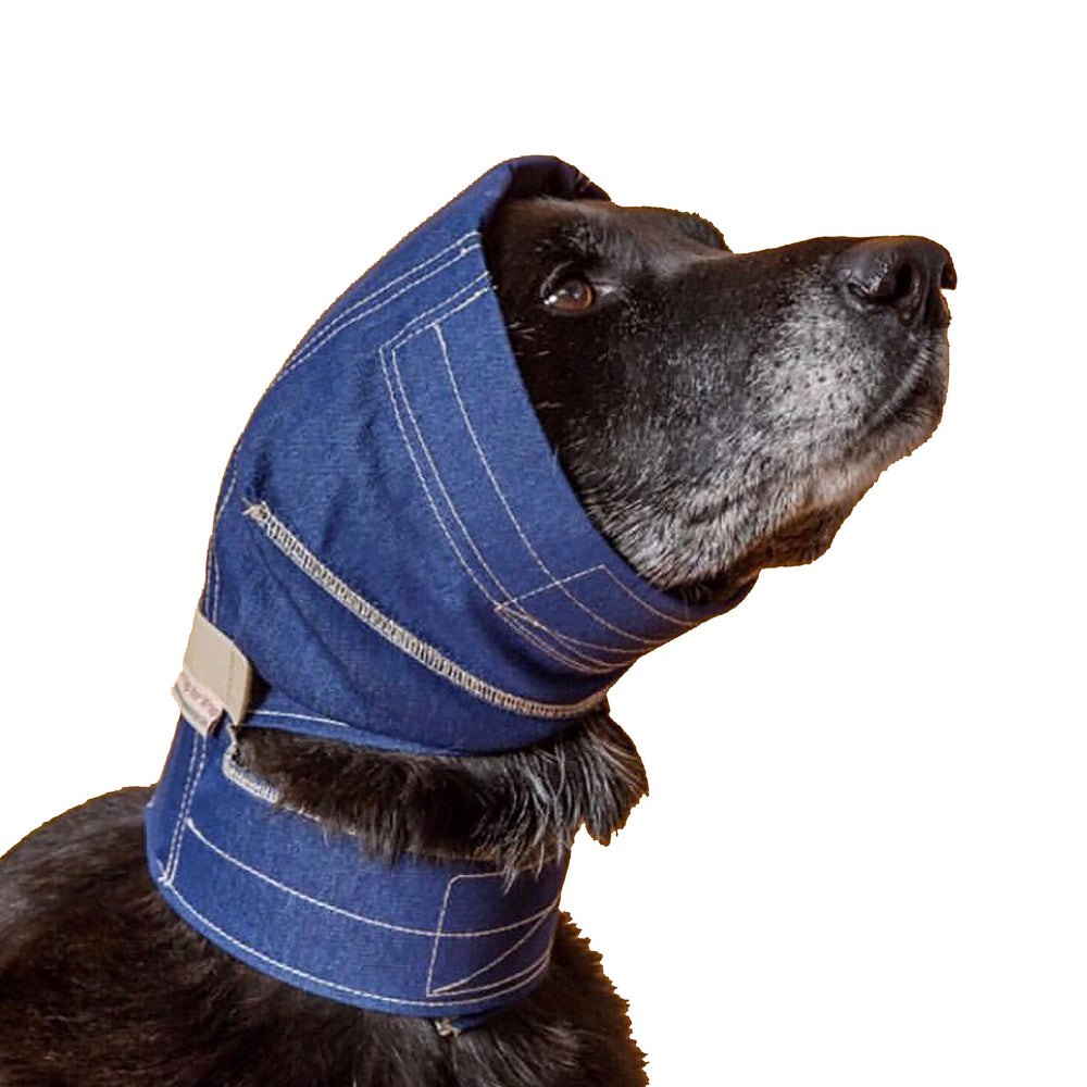 No Flap envoltura de orejas Denim con cierre ajustable para perros activos.