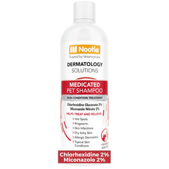 Nootie Medicated Pet Shampoo, botella frontal, cuidado para la piel de la mascota.