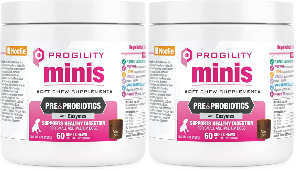 Envase dúo de Nootie Progility Mini para apoyo digestivo en perros.