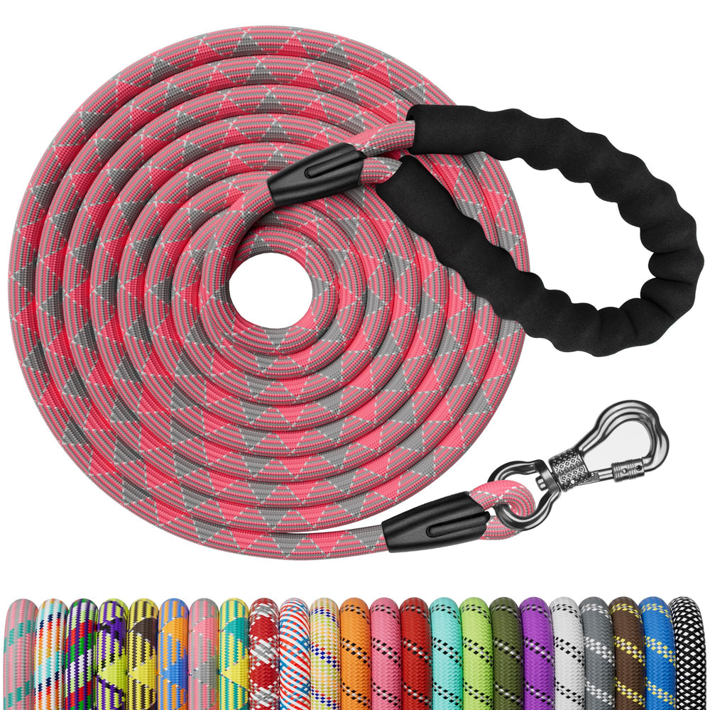 NTR long dog leash with pink lockable hook for secure control during walks.
