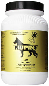 Nupro: botella de suplemento para perros, potencial mejora del bienestar.