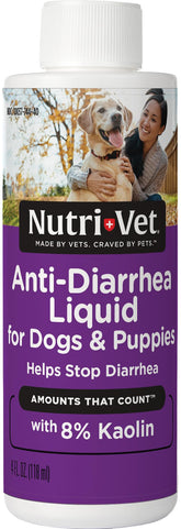 Nutri-Vet Anti-Diarrhea Liquid en botella para alivio rápido en perros.