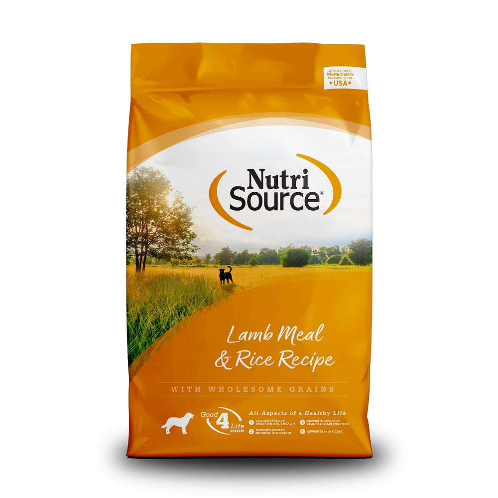 NutriSource alimento seco para perro adulto con cordero y arroz, apoyo nutricional equilibrado para digestión suave.