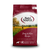 NutriSource Carne y Arroz 12 lb, frente de la bolsa: fácil de identificar para iniciar la dieta.