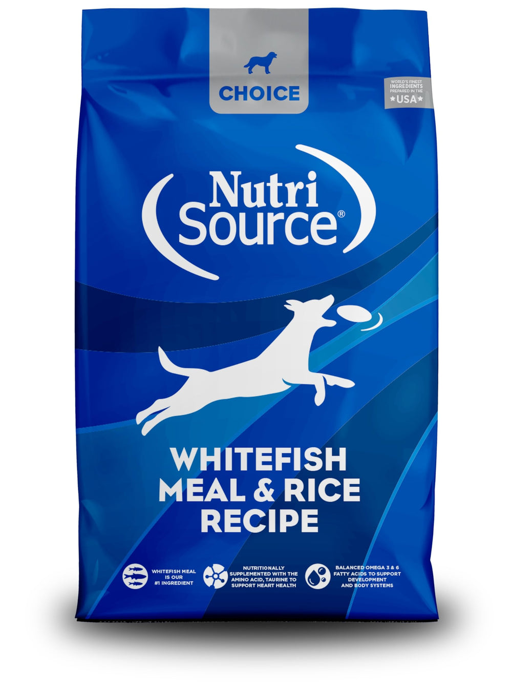 NutriSource Choice para perros con harina de pescado blanco y arroz, nutrición equilibrada para todas las etapas.