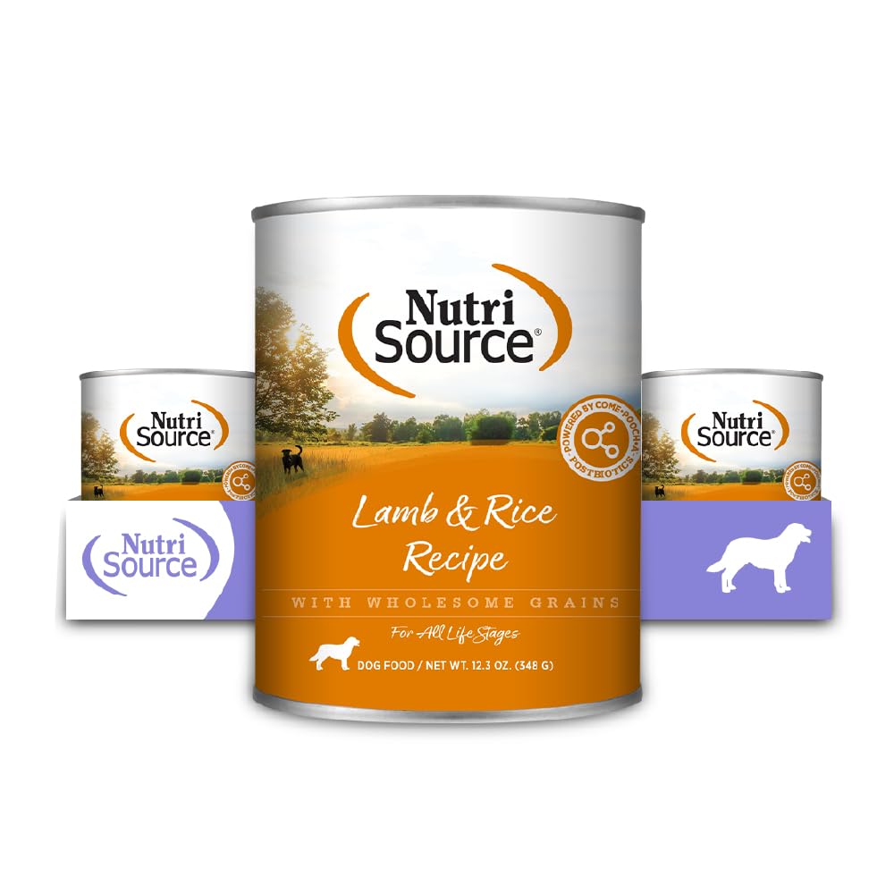 NutriSource lata con receta de cordero y arroz para perros activos.