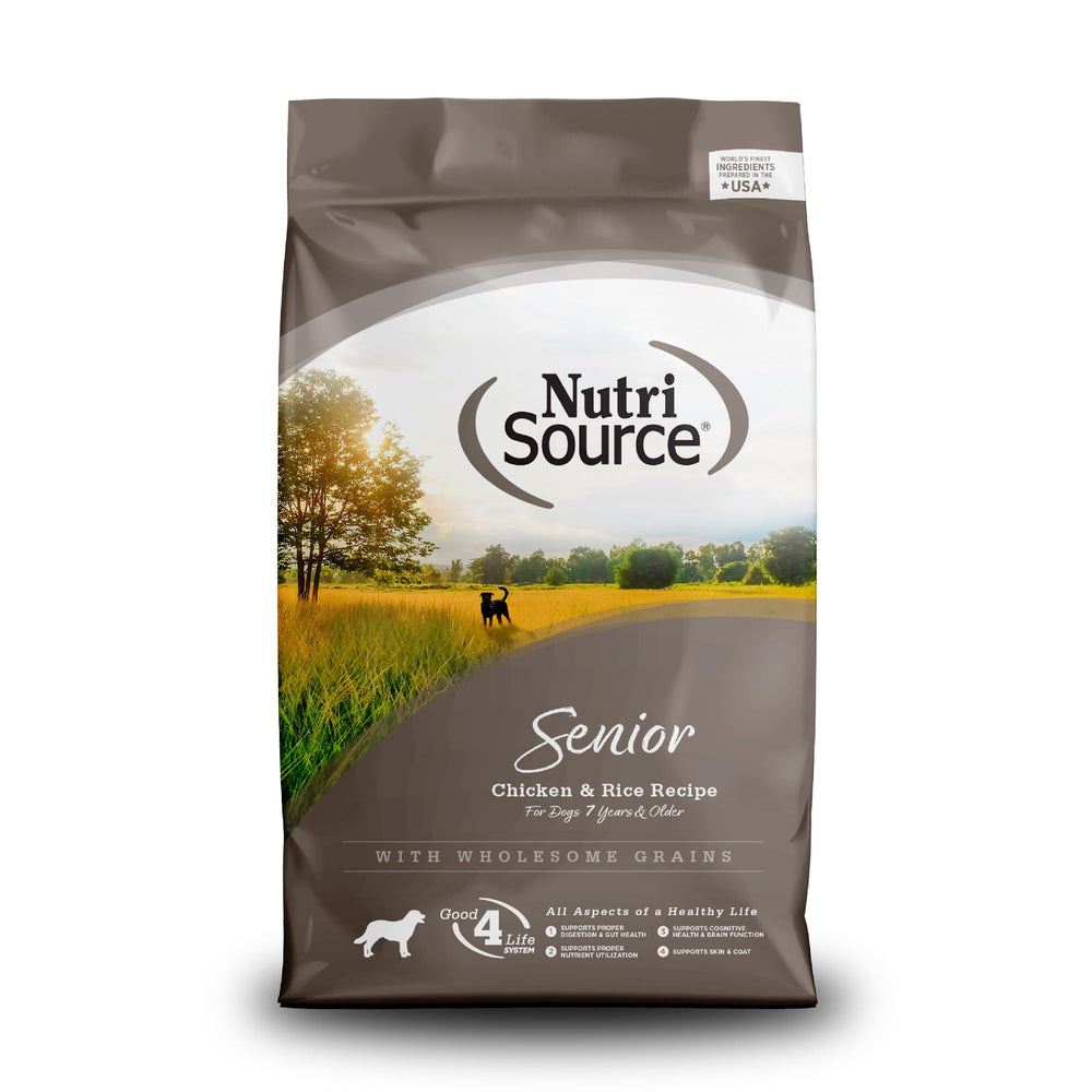 NutriSource para perros senior, bolsa 4lb con pollo y arroz, sabor agradable.