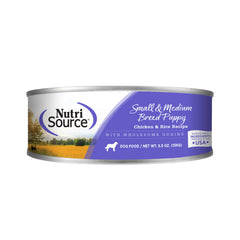 NutriSource lata de pollo y arroz para cachorros pequeños y medianos, apoyo al crecimiento y energía diaria.