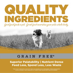 Perro disfruta NutriSource sin granos, trozos pequeños durante la comida.