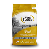 NutriSource sin granos trozos pequeños, bolsa visible, apta para todas las edades.