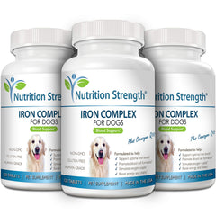 Nutrition Strength hierro para perros, tabletas masticables en primer plano, sabor agradable para perros.