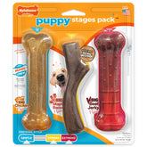 nylabone-paquete-etapas-cachorro-frente: muestra tres juguetes para morder y entrenar.