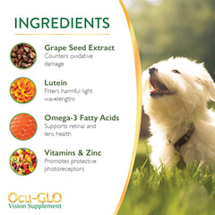 Ocu-GLO ingredientes de calidad para visión canina y salud ocular.