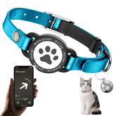 Odokele collar AirTag de cuero azul completo, cómodo para el uso diario del gato