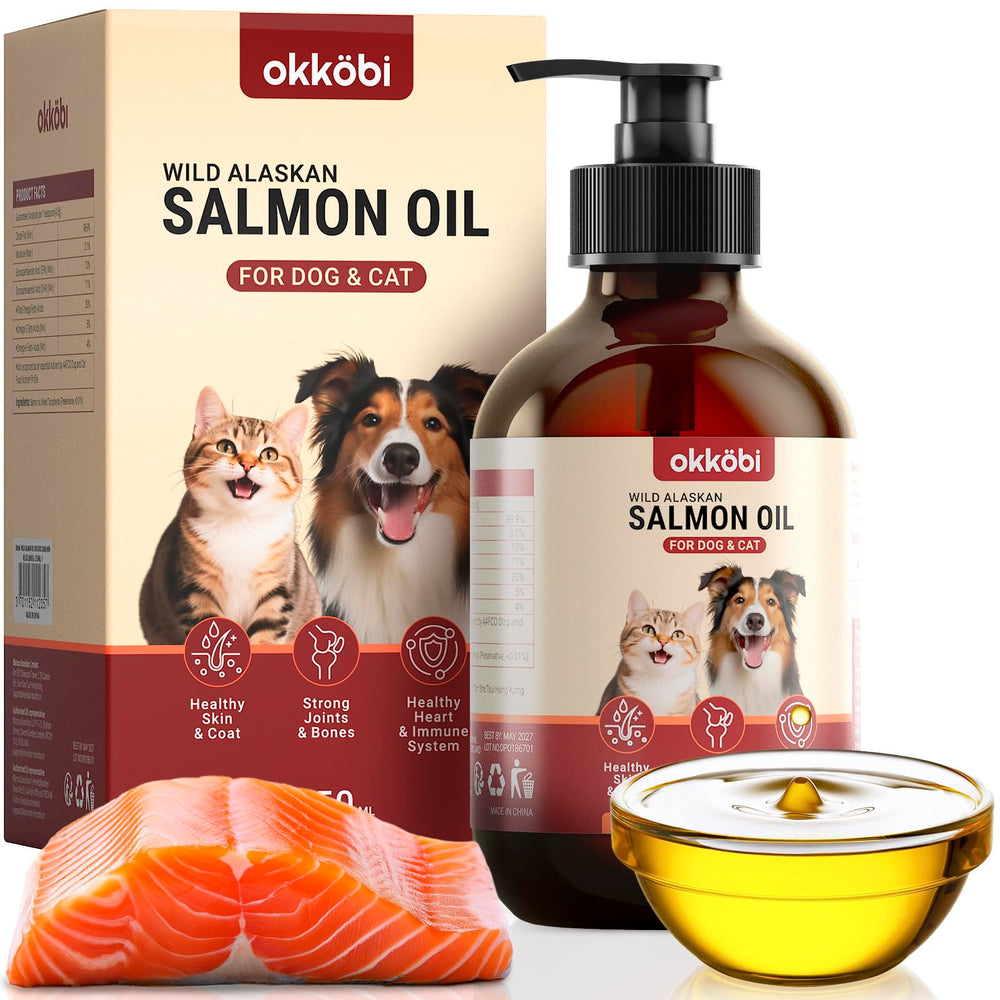 OKKÖBI aceite de salmón Alaska botella promueve pelaje brillante y piel sana.