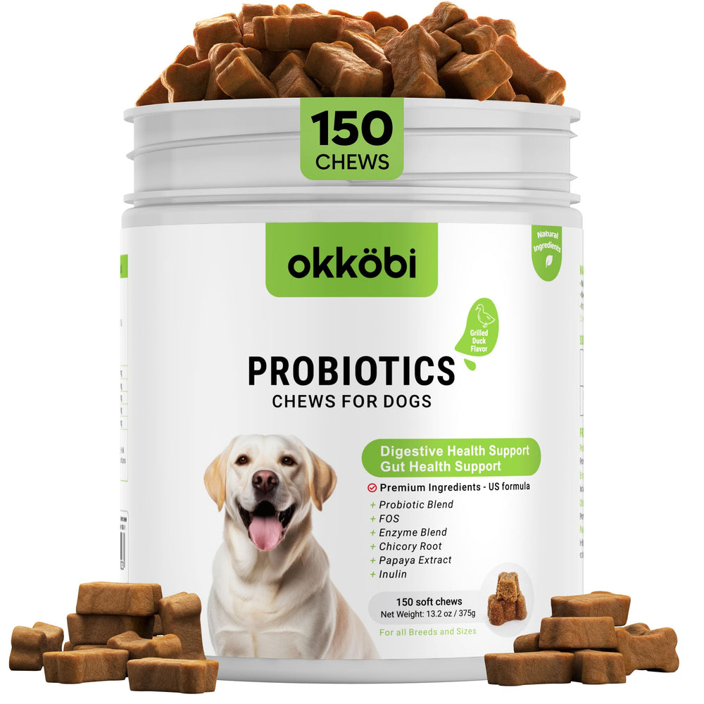OKKÖBI Probióticos para perros en envase, promueve digestión equilibrada.