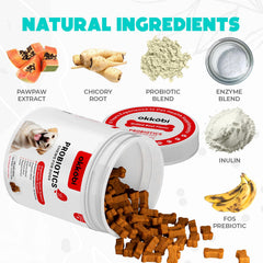 OKKÖBI probióticos para perros, ingredientes naturales clave para la salud digestiva.