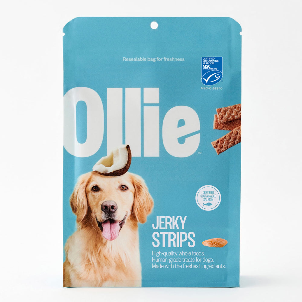 Ollie Salmón y Coco Jerky para perros, envase práctico.