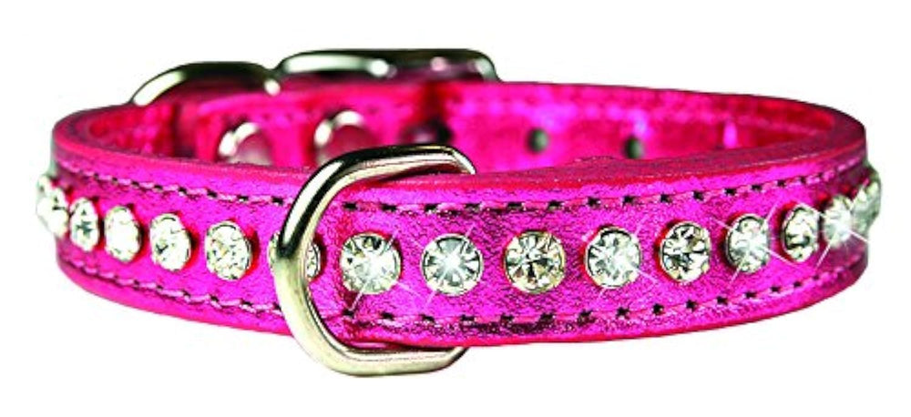 Collar OmniPet con cristales rosados y cuero de grano sólido, ideal para paseos diarios con estilo.