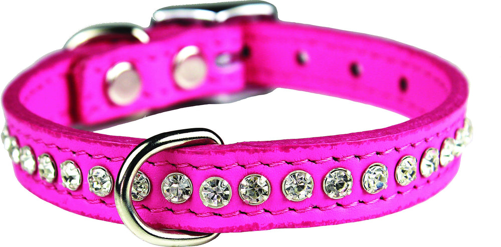 Collar OmniPet Signature en cuero rosa con cristales, ideal para paseos elegantes.