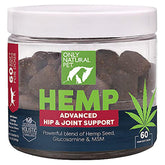 Only Natural Pet Hemp Advanced Mobility, empaque informativo para bienestar de perros.
