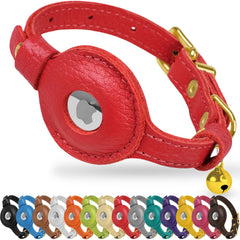 OOPSDOGGY Collar de cuero con AirTag integrado, rojo, vista frontal para mayor seguridad.