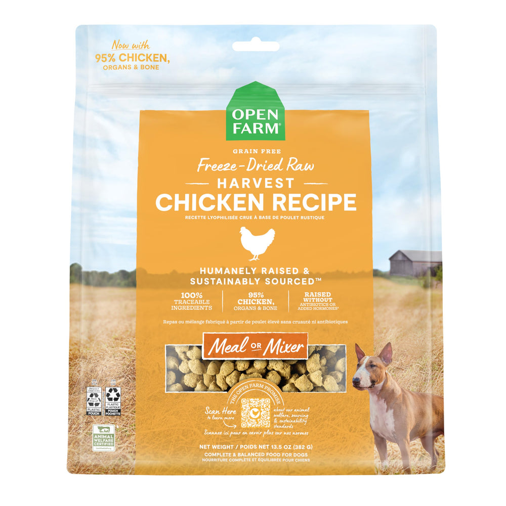 Open Farm mordiscos deshidratados de pollo, snack proteico para perros.