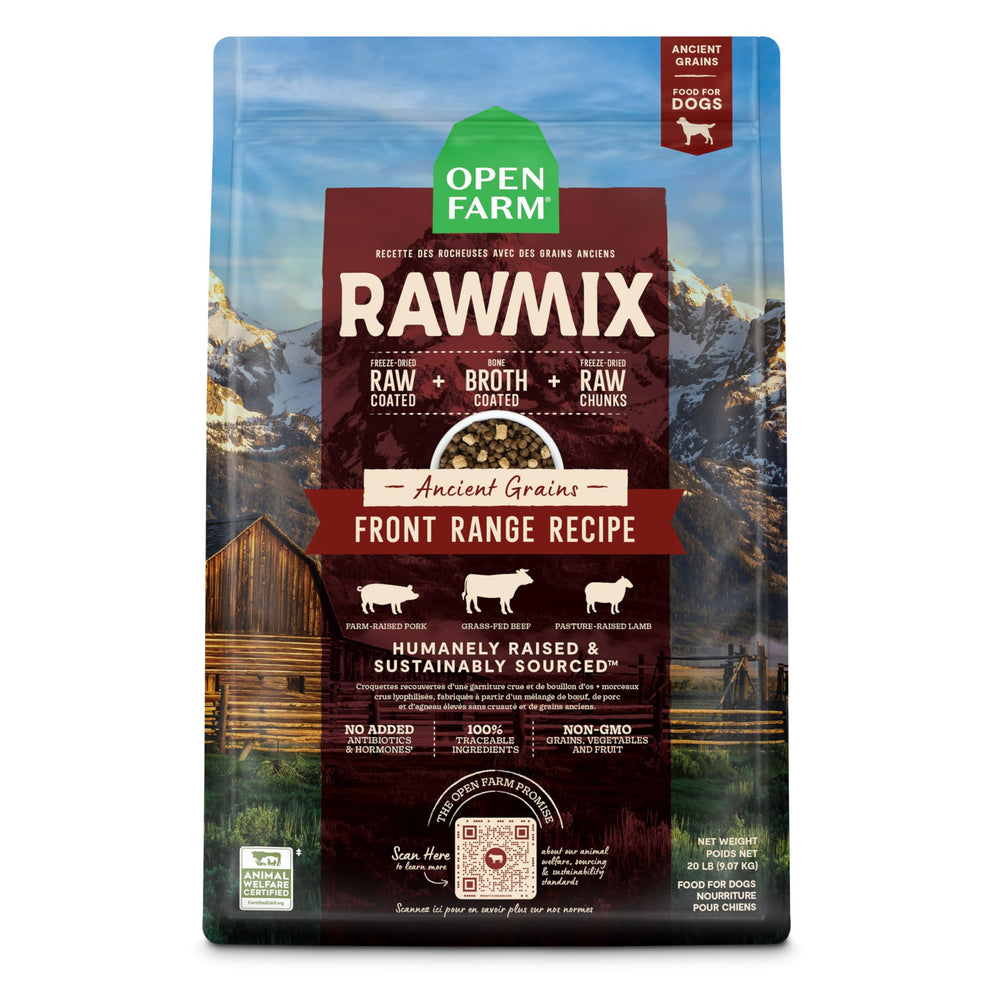 Open Farm RawMix, bolsa de 20 lb frente, proteína balanceada para perros activos