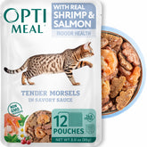 Optimeal camarones y salmón en salsa sabrosa; proteína de alta calidad para gatos adultos.
