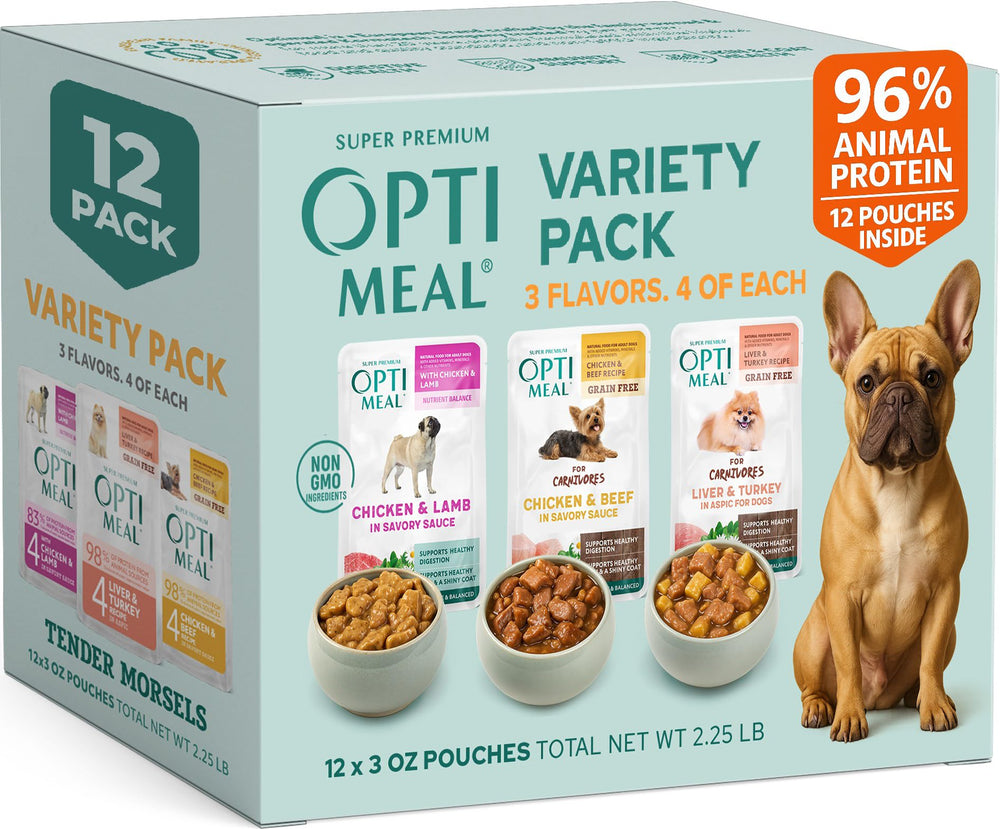 Optimeal pack variedades para perros pequeños sin granos, nutrición completa por porción.