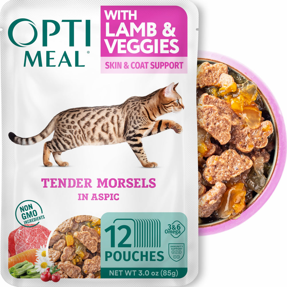 Optimeal Gato: trocitos de cordero y verduras en salsa, para digestión saludable.
