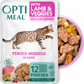 Optimeal Gato: trocitos de cordero y verduras en salsa, para digestión saludable.