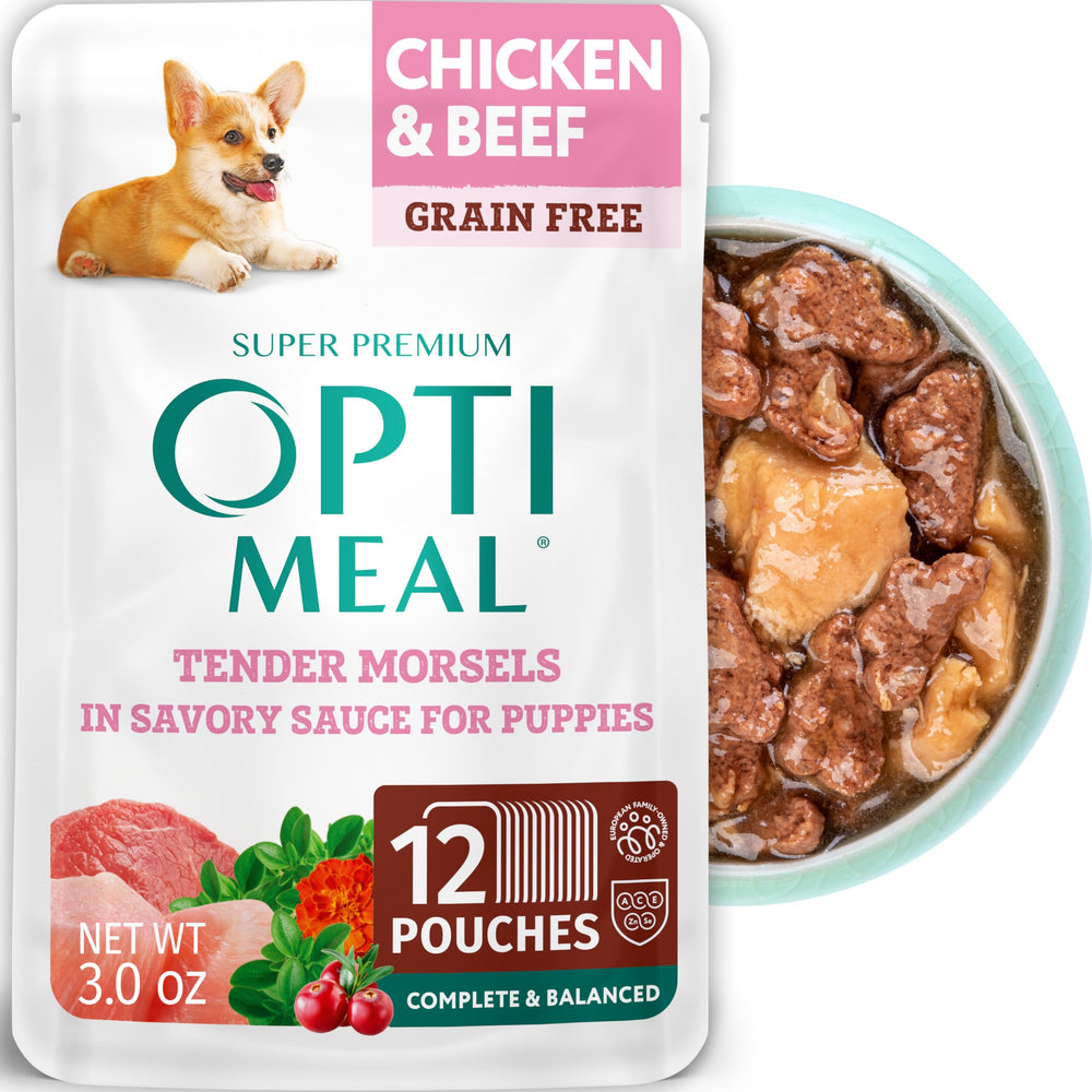 Sobres húmedos para cachorros Optimeal con salsa, porción práctica.