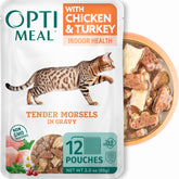 Optimeal sobres húmedos con pollo y pavo en salsa, opción sabrosa para la comida diaria.