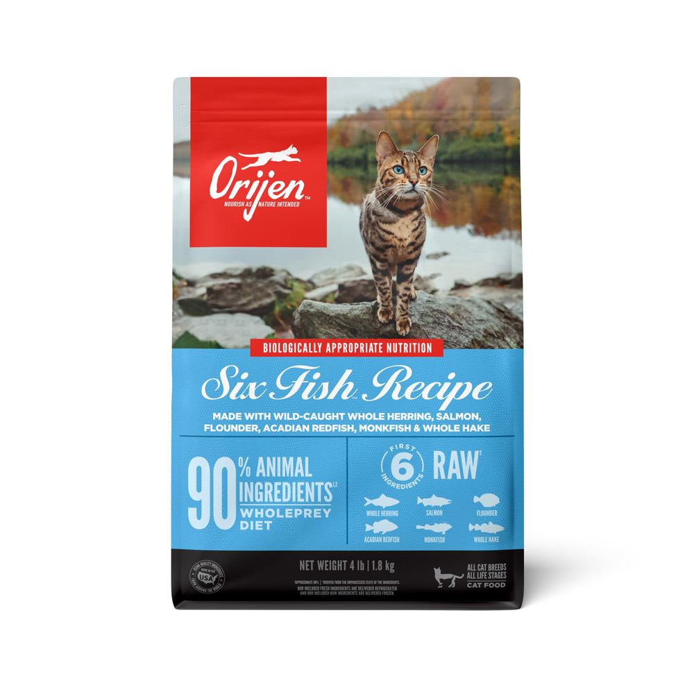 ORIJEN Seis Pescados, bolsa 4lb, proteína alta para gatos activos.